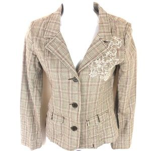 Roxy Jacket Tan Pink Plaid Embroidery Blazer XL
